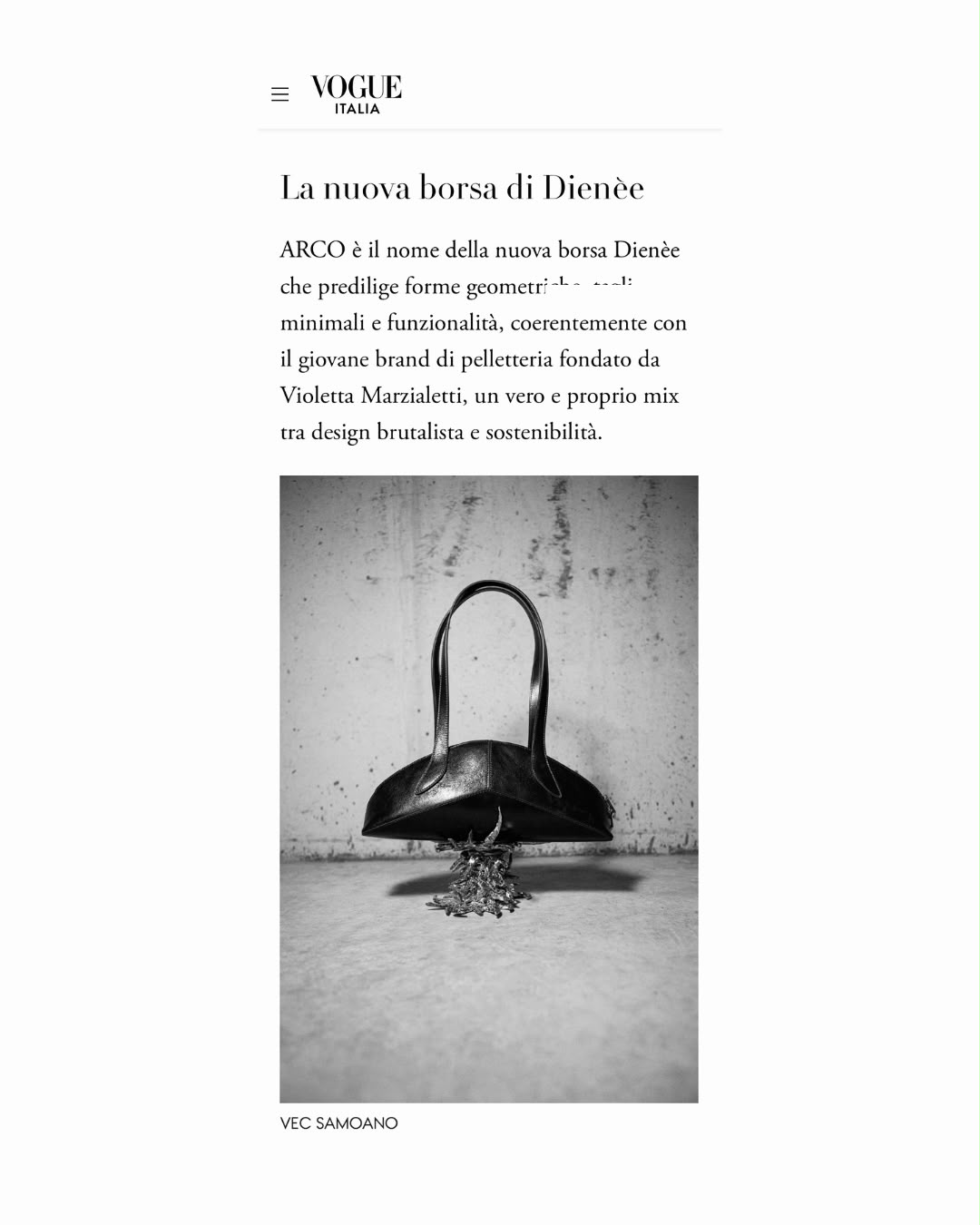 Vogue Italia runway detail feature on Dienèe's Arco bag