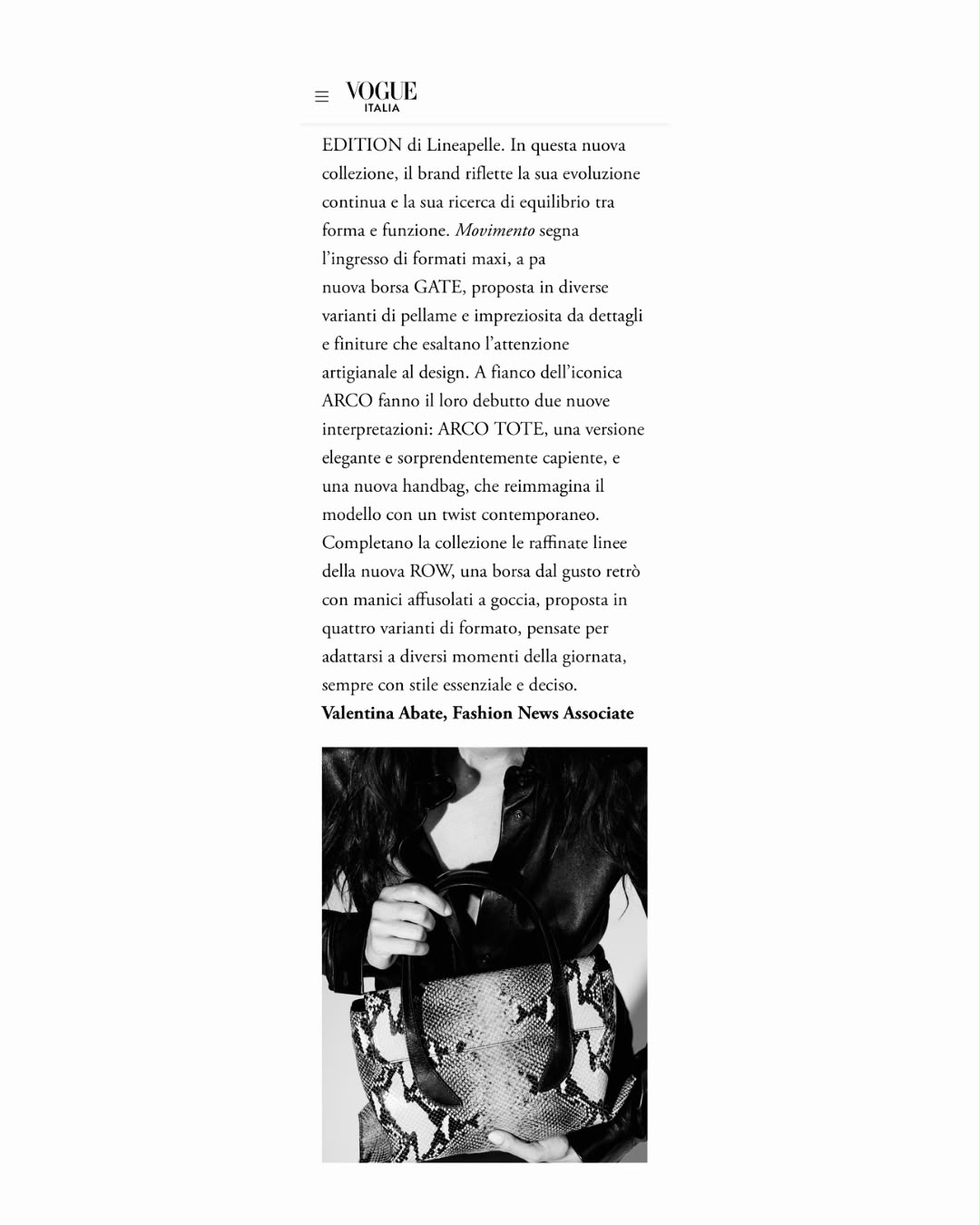 Vogue Italia Milan Fashion Week diary featuring Dienèe's Gate and Row bags